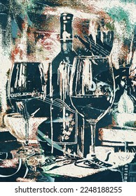 Wine bottle and glass still  life paper collage digital art 