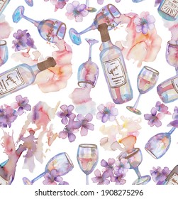 
Wine Bottle With Glasses. Seamless Pattern With Spilling Drinks