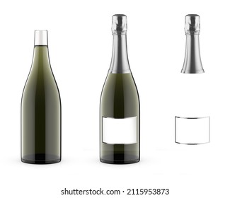 Wine bottle. Isolated on white background. Bottle used for champagne, chardonnay, prosecco and white wine, place your design and use for presentations. 3d render.