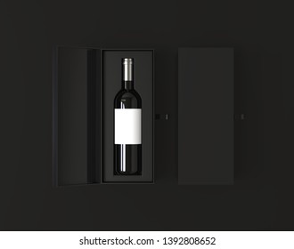 Wine bottle with label in open and close black box isolated on black background, 3d illiustration.