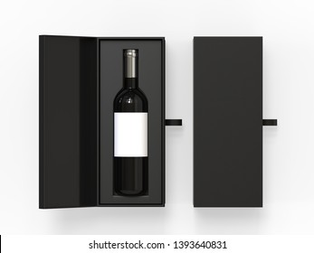 Wine bottle with label in open and close black box isolated on white background, 3d illiustration.