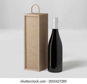 Wine Bottle Mockup with wood box, Red wine with white wrapper, 3d rendered isolated on light gray background