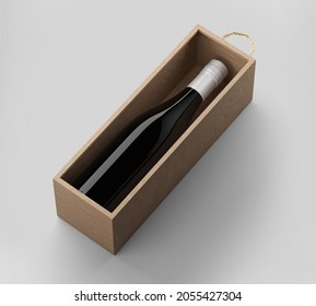 Wine Bottle Mockup with wood box, Red wine with white wrapper, 3d rendered isolated on light gray background