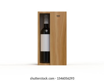 Wine Bottle In Wooden Box Isolated On White Background, 3d Illustration.