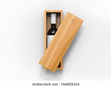 Wine Bottle In Wooden Box Isolated On White Background, 3d Illustration.