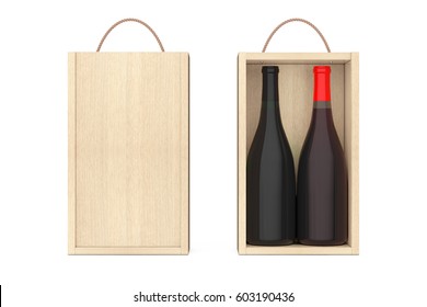 Wine Bottles in Blank Wooden Wine pack with Handle on a white background. 3d Rendering. 