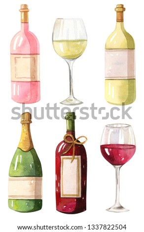 Wine bottles and glasses- watercolor illustration.  (red, white, rose wine, champagne)