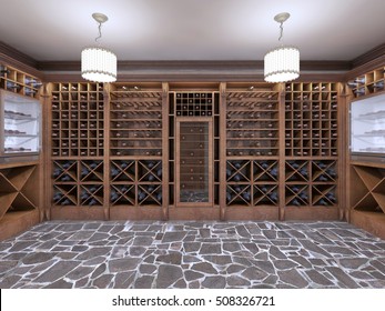 Wine Cellar In The Basement Of The House In A Rustic Style. Open Wine Racks With Bottles. 3D Render.