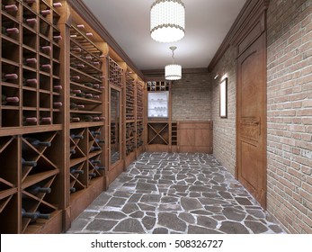 Wine Cellar In The Basement Of The House In A Rustic Style. Open Wine Racks With Bottles. 3D Render.