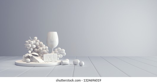 Wine And Cheese White Concept Background 3D Rendering, 3D Illustration