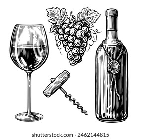 Wine concept. Bottle, glass with wine drink, corkscrew and grapes. Clipart sketch drawing set - Powered by Shutterstock