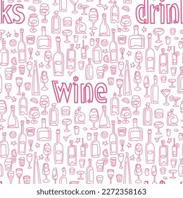 Wine and drinks seamless pattern. line art Wine bottle and wine glass illustration. Drink wine bar tile background