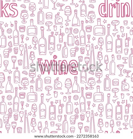 Wine and drinks seamless pattern. line art Wine bottle and wine glass illustration. Drink wine bar tile background