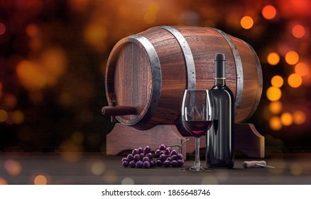 Wine Glass And Bottle. Wine Rustic Composition With Glass, Bottle And Barrel. Tasty Red Wine Alcohol Closeup With Bokeh Sparkles. 3d Rendering.