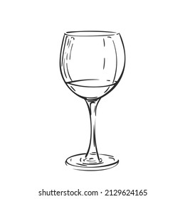 Wine Glass Drawing Isolated. Hand Drawn Illustration Black Line On White