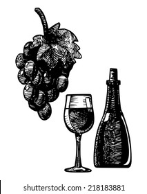 Wine Glass And Vine,  Illustration Stylized As Engraving.