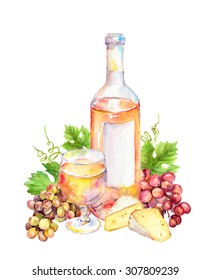 Wine Glass With Vine Leaves, Grape Berries And Cheese. Watercolor