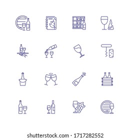 Wine Industry Icons. Set Of Line Icons On White Background. Wine Storage, Champagne, Corkscrew. Alcoholic Drinks Concept. Can Be Used For Topics Like Winery, Restaurant, Beverage