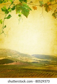 Wine List Menu With Vineyard And Grapes Green Leafs. Vintage Paper Background For The Wine Poster.