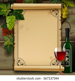 Wine List With Old Parchment, Grapes, Bottle And Wineglass On Wood Background. Vintage Menu Template