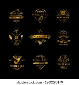  wine logos and emblems isolated on black background