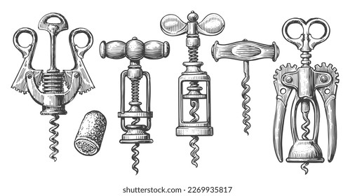 Wine opener and cork, Corkscrew for wine bottle, set. Winery concept. Black vintage engraved sketch illustration - Powered by Shutterstock