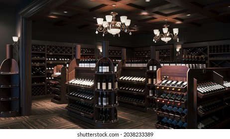 Wine store interior. Wine bottles in the wine store. Shelves with wine bottles. 3d illustration