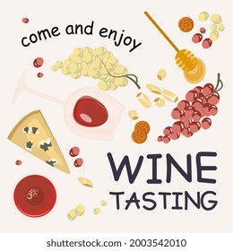 Wine tasting banner template isolated for social media. Cookout winy party with cheese and snack. Flat Art Illustration