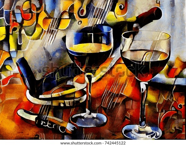 キュビズムのスタイルのワインテーマ テーブルの上に瓶 グラス ブドウ 絵柄の絵柄を描いた油絵 ピカソのスタイルでは ファン ゴッホとジョージ ブラク のイラスト素材