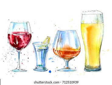 Wine, vodka with lemon, beer and cognac.Picture of a alcoholic drink.Watercolor hand drawn illustration.Isolated sketch.