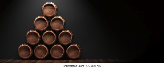 Wine, Whiskey, Alcohol Cellar, Xmas Template, Space. Old Barrels Stacked Christmas Tree Shape On Wooden Floor, Black Background. Winemaking, Storage Concept. 3d Illustration