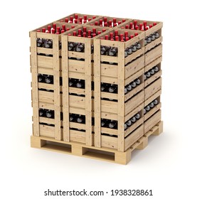 Wine wooden crates with bottles on the pallet - 3D illustration