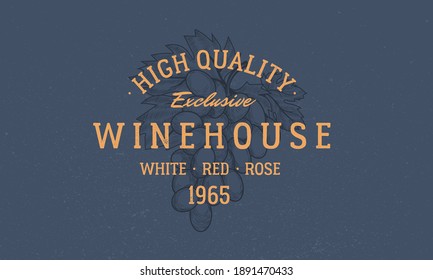 Winehouse logo. Grapes on dark blue background designed for social media and web design. High quality, exclusive emblem for vineyards. Vector illustration