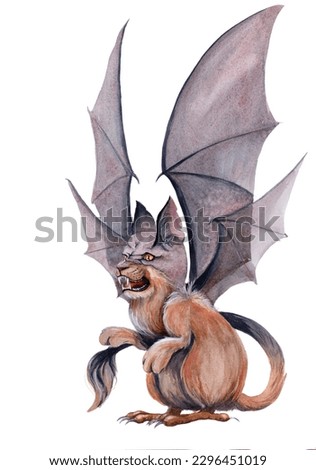 Winged brown cat, watercolor illustration, fantasy animal, print, sticker