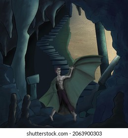 Winged creature hiding in cave at dawn