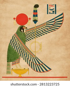 The winged disc and the hawk, emblems of Hermes Trismegistus illustration from Pantheon Egyptien (1823-1825) by Leon Jean Joseph Dubois (1780-1846).