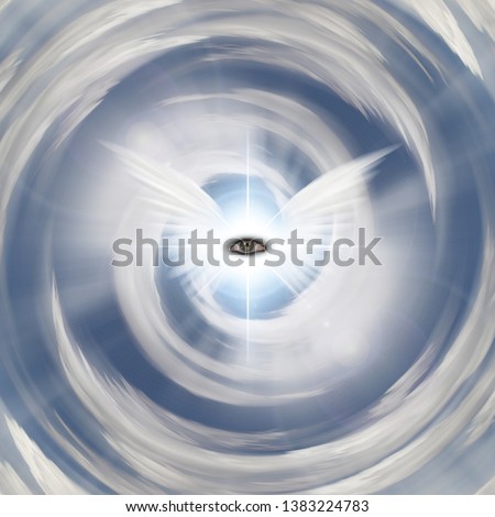 Winged eye in tunnel of clouds. 3D rendering