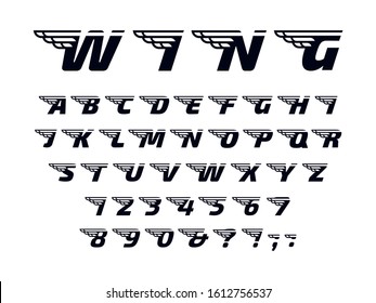 Winged font. Letters with wings, flying alphabet and powerful sport monogram. Speed wing lettering font, car racing sport logo emblem or winged branding. Isolated  symbols set - Powered by Shutterstock