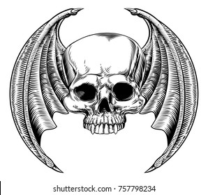 Winged Skull With Bat Or Dragon Wings Drawing In A Vintage Retro Woodcut Etched Or Engraved Style