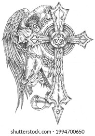 Winged skull with gothic cross