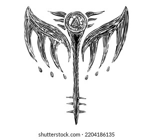 Winged sword symbol Valkyrie  Nordic warrior woman  Odins Valknut symbol  isolated