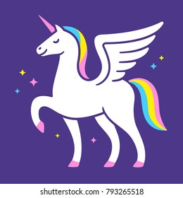 Winged unicorn illustration. Cute cartoon fairy tale horse with rainbow sparkles.