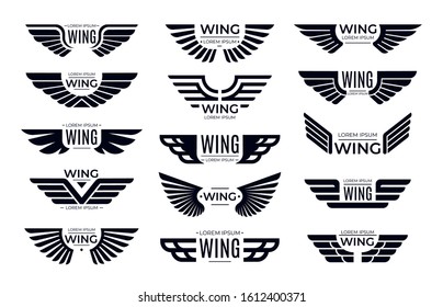 Wings Badges. Flying Emblem, Eagle Bird Wing And Winged Frame. Aviation Pilot Patch Badge, Army Insignia Emblem Or Biker Logotype Sticker. Isolated  Icons Set