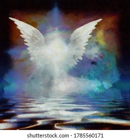 Wings over water  Digital painting  3D rendering