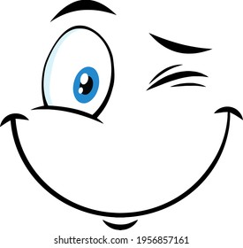 Winking Cartoon Funny Face With Smiling Expression  Raster Illustration Isolated On White Background