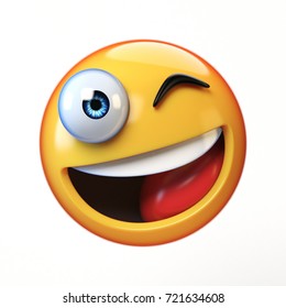 Winking emoji isolated on white background, smiling winking face emoticon 3d rendering