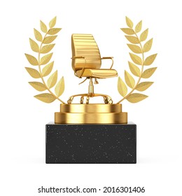 Winner Award Cube Gold Laurel Wreath Podium, Stage Or Pedestal With Golden Boss Office Chair On A White Background. 3d Rendering