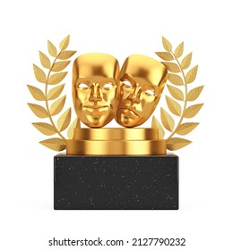 Winner Award Cube Gold Laurel Wreath Podium, Stage Or Pedestal With Golden Smiling Comedy And Sad Drama Grotesque Theatre Mask On A White Background. 3d Rendering 