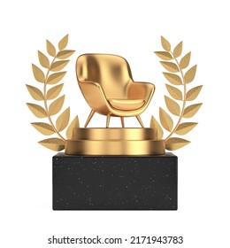 Winner Award Cube Gold Laurel Wreath Podium, Stage Or Pedestal With Golden Modern Oval Shape Relax Chair On A White Background. 3d Rendering