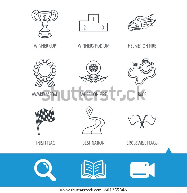 Winner cup and podium,\
award medal icons. Race flag, motorcycle helmet and timer linear\
signs. Destination pointer flat line icons. Video cam, book and\
magnifier search icons.\
